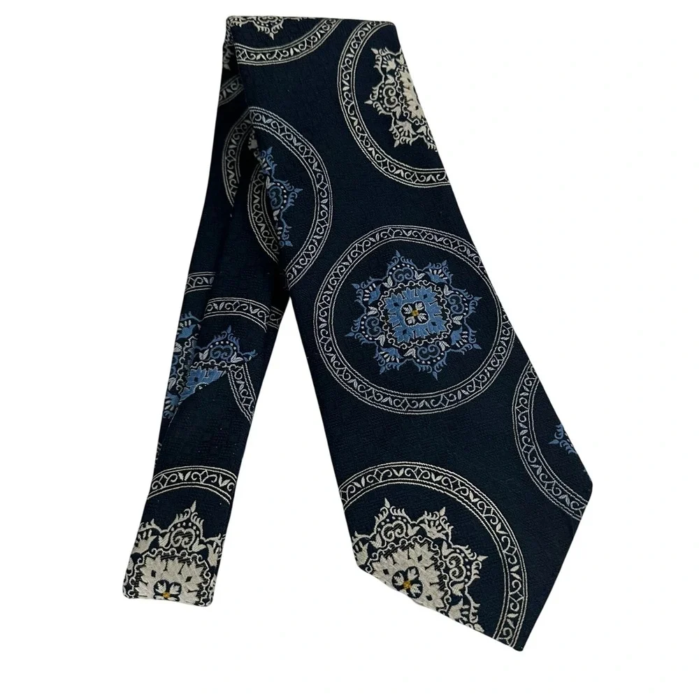 Mens Vintage Mid Century Navy Blue Medallion Mandala Wide Tie 70s Geometric